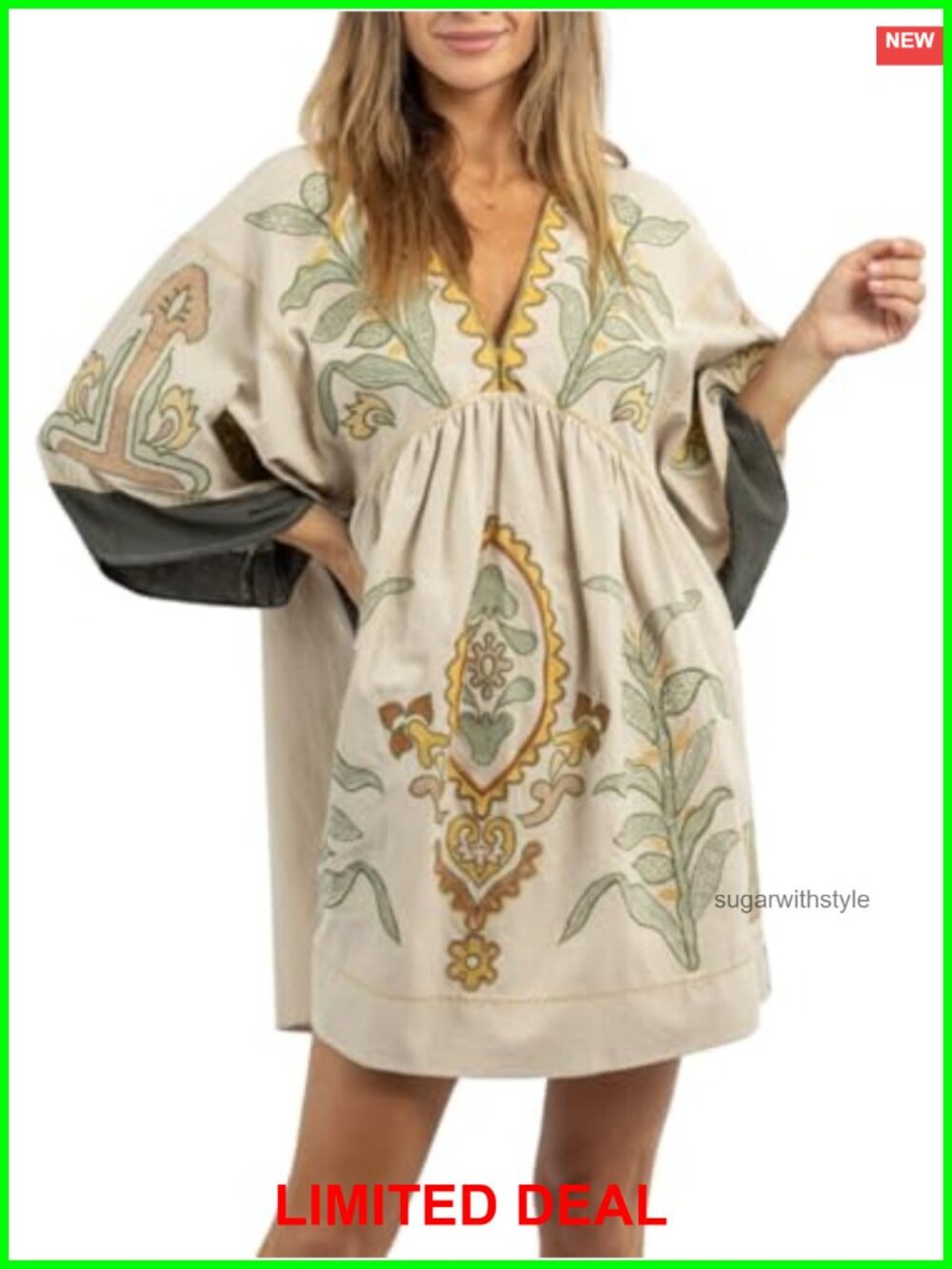 Womens Oversized Embroidered Mini Dress V-Neck 3/4 Sleeve Babydoll